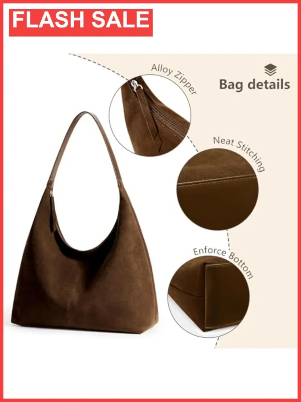 Slouchy Vegan Leather Crescent Hobo Tote Bag Zipper Shoulder Purse